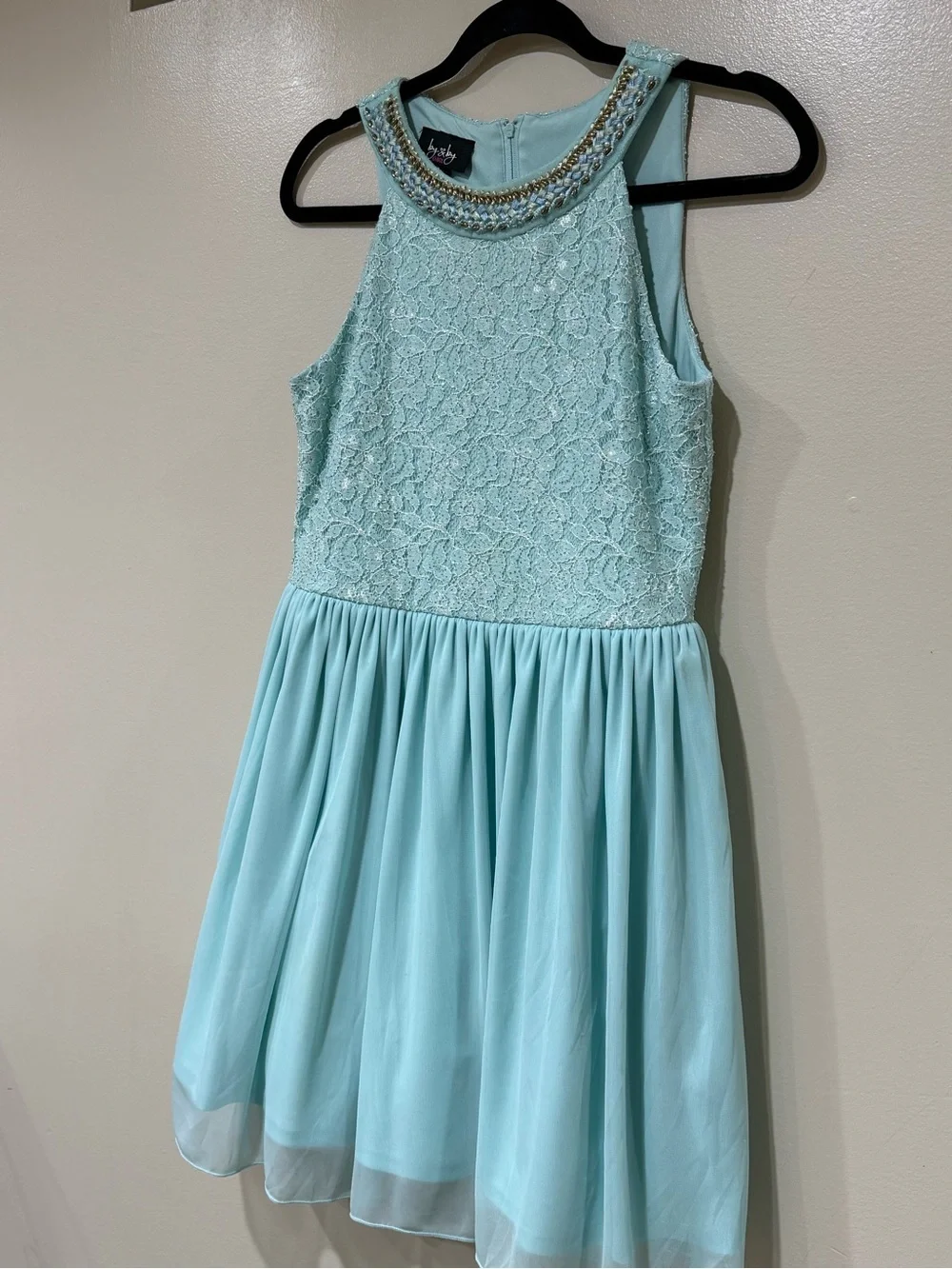Girls' Light Blue Lace & Chiffon Dress with Beaded Neckline